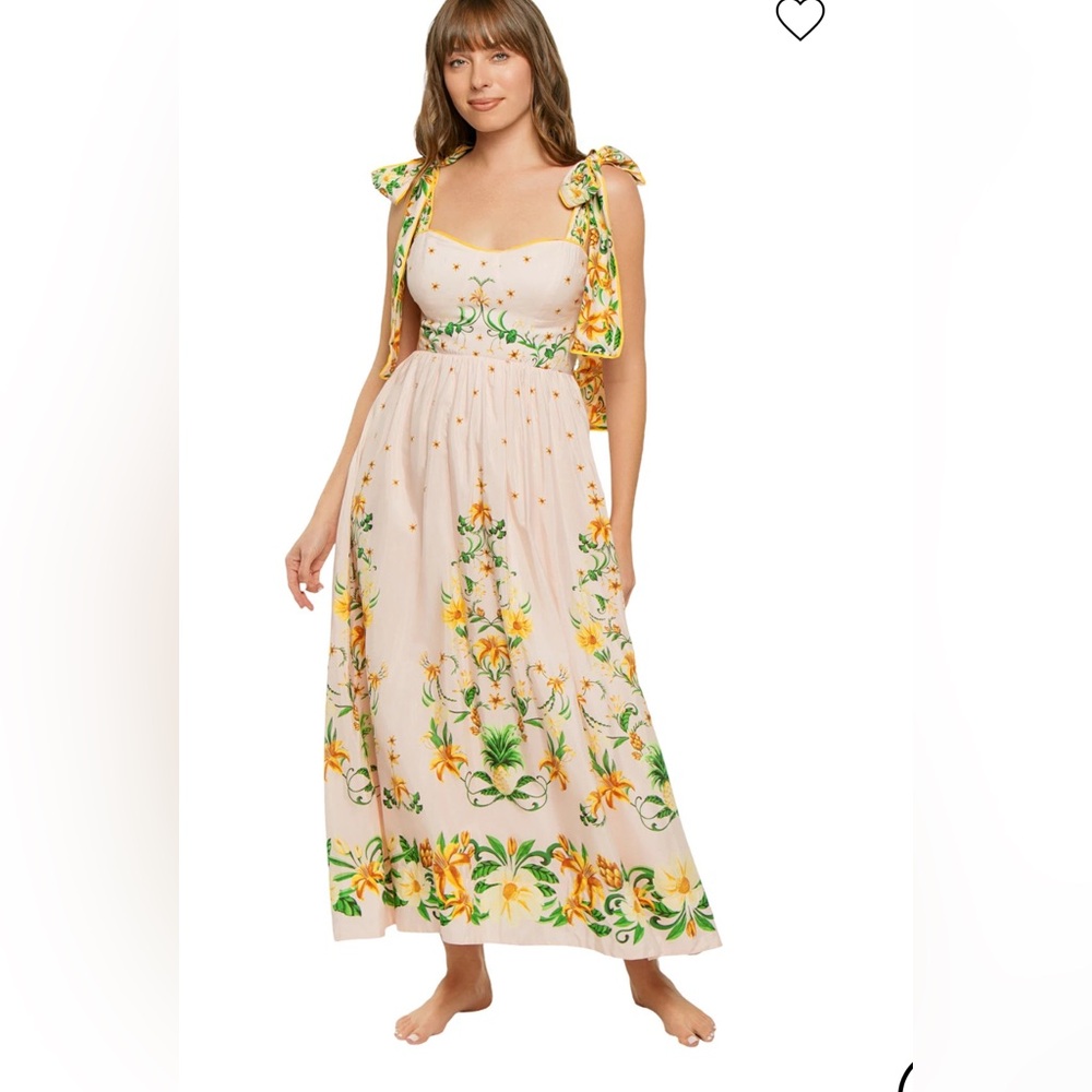 FARM Rio Cream Spring or Summer Green Floral Maxi Dress